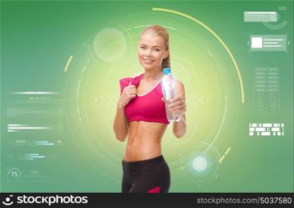 fitness, sport, exercising, slimming and people concept - smiling sporty woman with bottle of water and towel over green background. sporty woman with bottle of water and towel