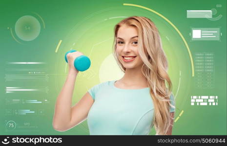 fitness, sport, exercising, technology and people concept - smiling beautiful sporty woman with dumbbell over green background. smiling beautiful young sporty woman with dumbbell