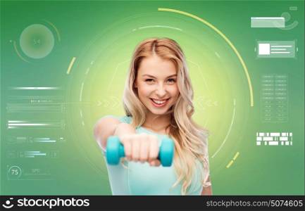 fitness, sport, exercising, technology and people concept - smiling beautiful sporty woman with dumbbell over green background. smiling beautiful young sporty woman with dumbbell