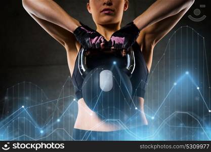 fitness, sport, exercising, weightlifting and people concept - young woman flexing muscles with kettlebell in gym. woman with kettlebell in gym