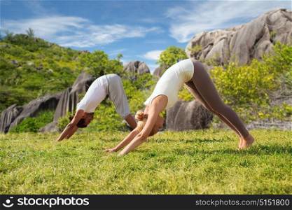 fitness, sport, friendship and lifestyle concept - smiling couple making yoga exercises outdoors over natural background. smiling couple making yoga exercises outdoors