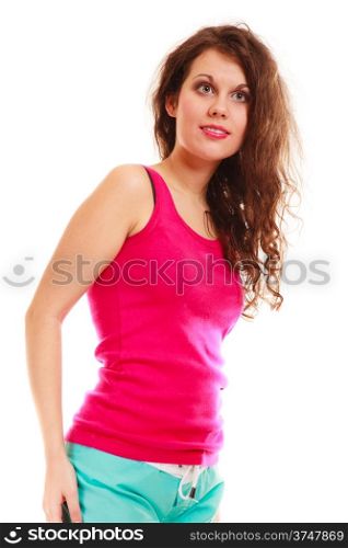 Fitness sport happy woman girl after workout gym isolated studio shot. Active and healthy lifestyle.