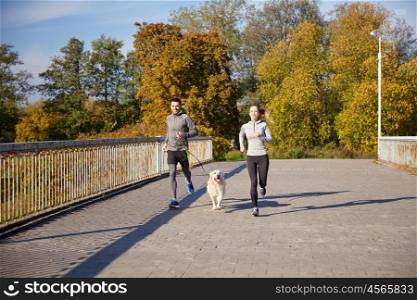 fitness, sport, people and jogging concept - happy couple with dog running outdoors