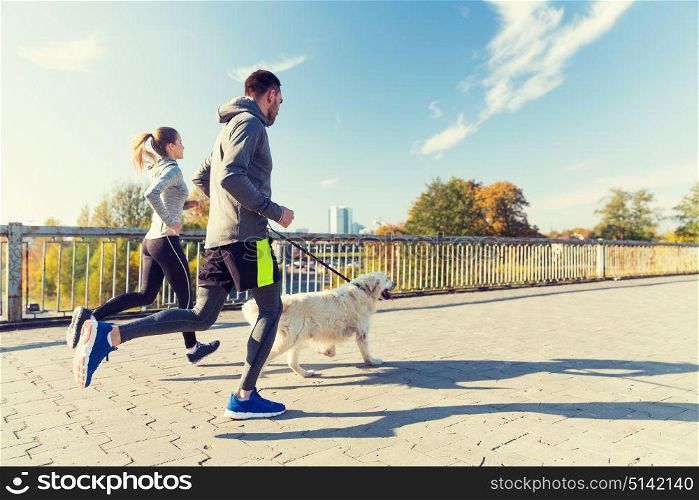 fitness, sport, people and jogging concept - happy couple with dog running outdoors. happy couple with dog running outdoors