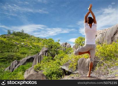 fitness, sport, people and recreation concept - young man making yoga tree pose on beach from back over natural background. young man making yoga tree pose outdoors