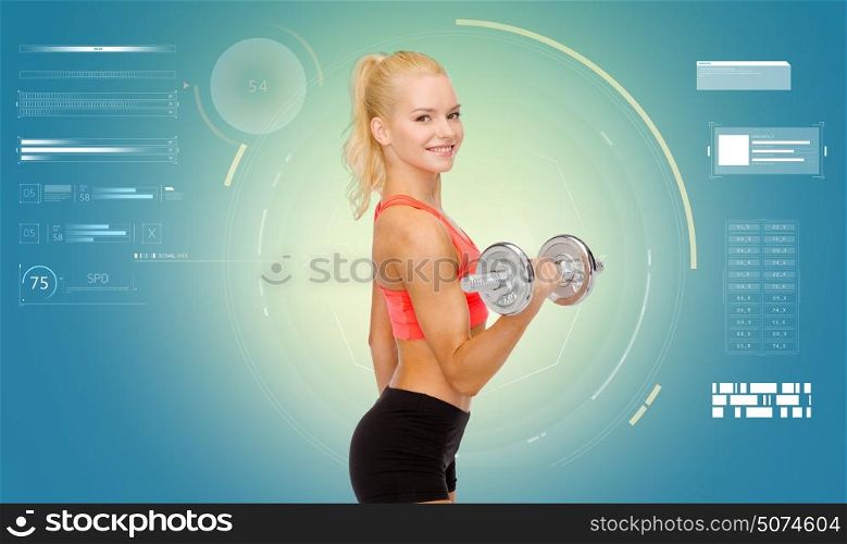 fitness, sport, people and training concept - happy young sporty woman exercising with heavy steel dumbbell over blue background. happy young sporty woman exercising with dumbbell