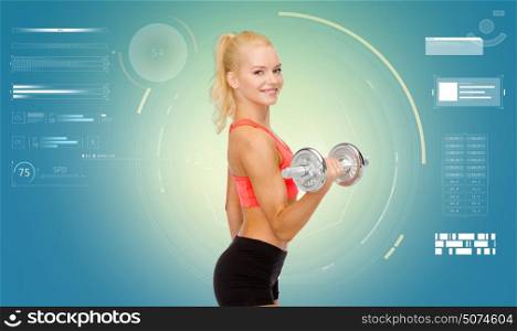 fitness, sport, people and training concept - happy young sporty woman exercising with heavy steel dumbbell over blue background. happy young sporty woman exercising with dumbbell
