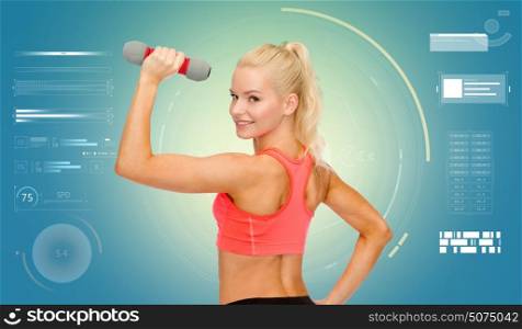 fitness, sport, people and training concept - happy young sporty woman exercising with light dumbbells over blue background. happy young sporty woman exercising with dumbbells