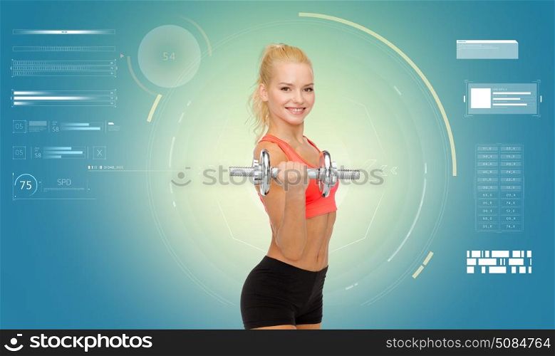 fitness, sport, people and training concept - happy young sporty woman exercising with heavy steel dumbbell over blue background. happy young sporty woman exercising with dumbbell. happy young sporty woman exercising with dumbbell