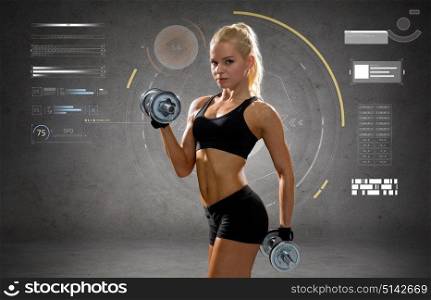 fitness, sport, people and training concept - happy young sporty woman exercising with heavy steel dumbbells over gray concrete background. happy young sporty woman exercising with dumbbells
