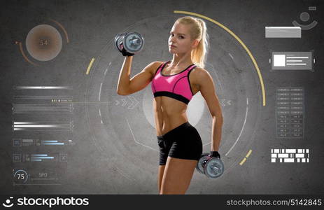 fitness, sport, people and training concept - happy young sporty woman exercising with heavy steel dumbbells over gray concrete background. happy young sporty woman exercising with dumbbells