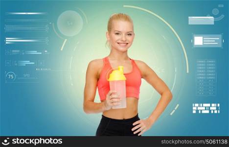fitness, sport, people, exercising and nutrition concept - happy smiling sporty woman with shaker bottle. smiling sporty woman with shaker bottle