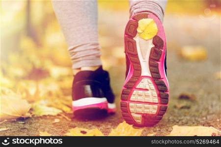 fitness, sport, people, footwear and healthy lifestyle concept - close up of young woman running in sneakers at autumn park. close up of woman feet wearing sneakers in autumn