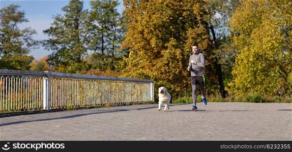fitness, sport, people, pets and lifestyle concept - happy man with labrador retriever dog running outdoors