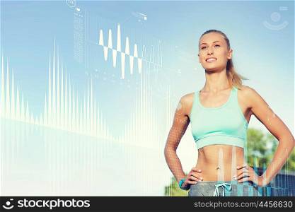 fitness, sport, people, technology and healthy lifestyle concept - happy young woman exercising outside over diagram projection