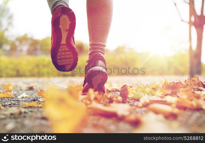 fitness, sport, people, wear and healthy lifestyle concept - close up of young woman running in autumn park. close up of young woman running in autumn park