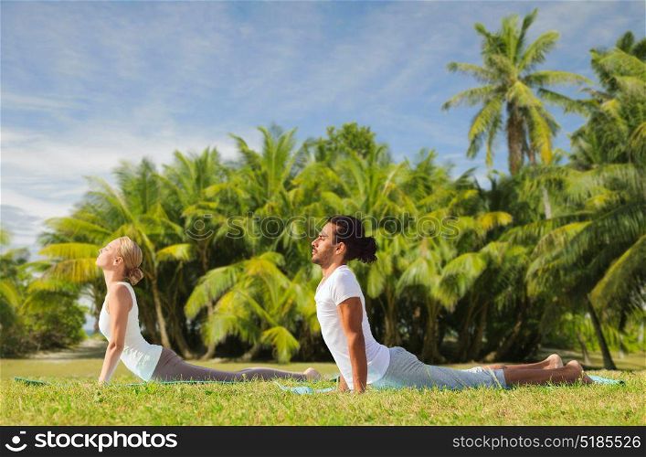 fitness, sport, relax and people concept - couple making yoga cobra pose over exotic natural background with palm trees. couple making yoga cobra pose outdoors