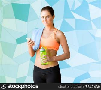 fitness, sport, technology and people concept - happy woman with smartphone, towel and bottle of water over blue graphic low poly background