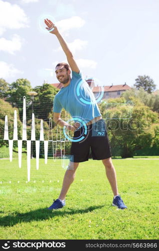 fitness, sport, training and lifestyle concept - smiling man stretching hand outdoors