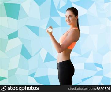 fitness, sport, training and people concept - smiling woman with light dumbbell flexing biceps over blue graphic low poly background