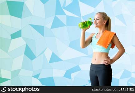 fitness, sport, training, drink and lifestyle concept - woman with bottle of water and towel over blue graphic low poly background