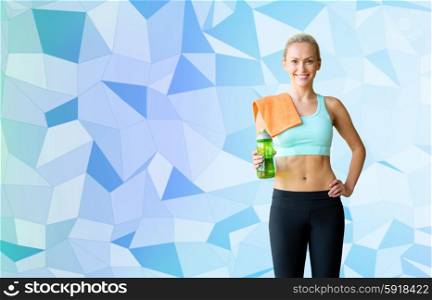 fitness, sport, training, drink and lifestyle concept - woman with bottle of water and towel over blue graphic low poly background