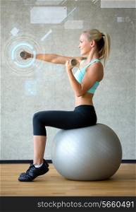 fitness, sport, training, future technology and lifestyle concept - smiling woman with dumbbells and exercise ball in gym and projection