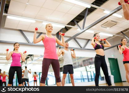 fitness, sport, training, gym and lifestyle concept - group of smiling people working out with dumbbells in the gym