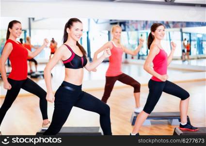fitness, sport, training, gym and lifestyle concept - group of smiling people doing aerobic