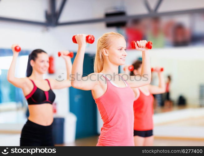 fitness, sport, training, gym and lifestyle concept - group of smiling women working out with dumbbells in the gym