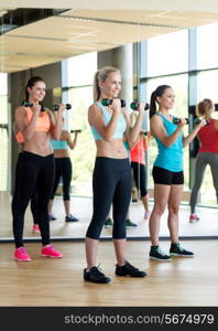 fitness, sport, training, gym and lifestyle concept - group of women with dumbbells in gym