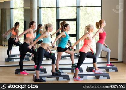 fitness, sport, training, gym and lifestyle concept - group of women working out with dumbbells and steppers in gym