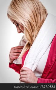 Fitness sport woman profile studio shot. female sporty girl with white towel on shoulders.