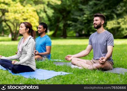 fitness, sport, yoga and healthy lifestyle concept - group of happy people meditating in lotus pose at summer park. group of happy people doing yoga at summer park