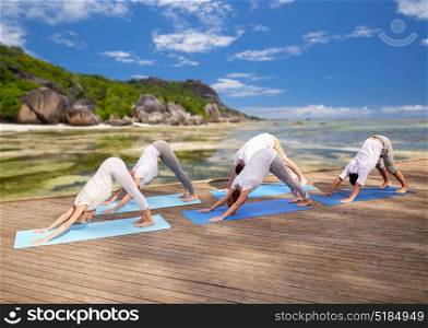 fitness, sport, yoga and healthy lifestyle concept - group of people making downward facing dog pose over exotic tropical beach background. group of people making yoga dog pose outdoors