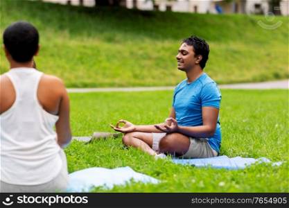 fitness, sport, yoga and healthy lifestyle concept - group of people meditating in lotus pose at summer park. group of people doing yoga at summer park