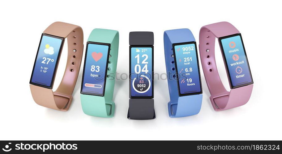 Fitness trackers with different colors on white background