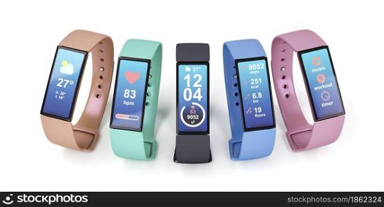 Fitness trackers with different colors on white background