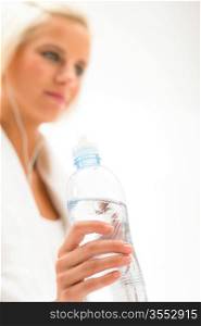 Fitness water bottle woman in background isolated on white