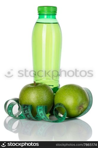 Fitness, weight loss concept with green apples, bottle of drinking water and tape measure isolated on white background