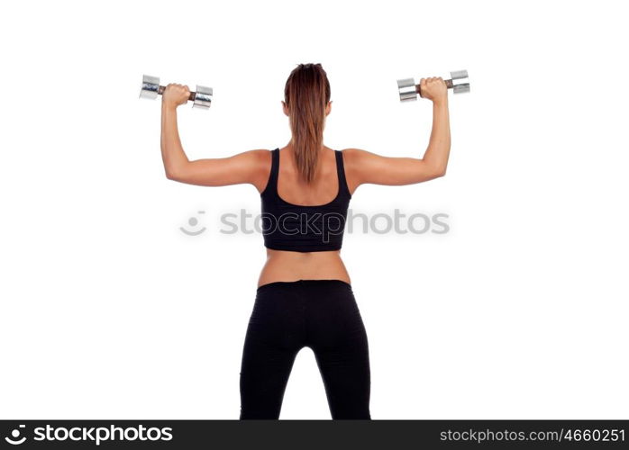 Fitness woman back lifting dumbbells isolated on white background