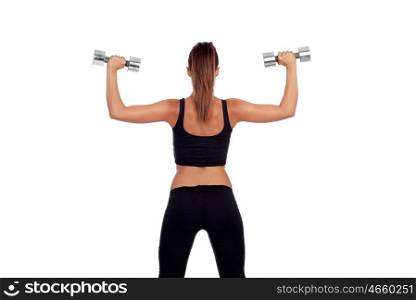 Fitness woman back lifting dumbbells isolated on white background