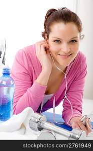 Fitness woman listen music mp3 relax gym on white background
