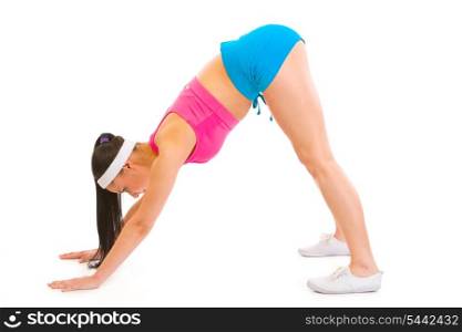 Fitness woman making exercise on floor isolated on white&#xA;