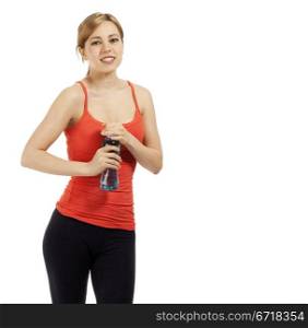 fitness woman opening bottle of water. young beautiful fitness woman opening bottle of water on white background