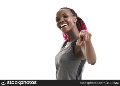 Fitness woman portrait isolated on white background. Smiling happy female fitness model looking happy. Fresh beautiful African fitness girl.
