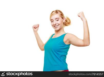 Fitness woman showing fresh energy flexing biceps muscles smiling closed eyes. Girl in sportwear energetic and fun isolated