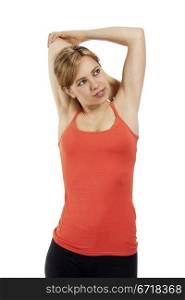 fitness woman stretching her arms. young smiling fitness woman stretching her arms on white background
