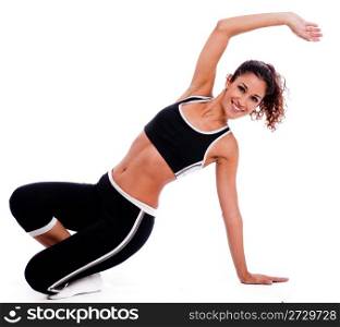 Fitness woman stretching her hand on isolated white background