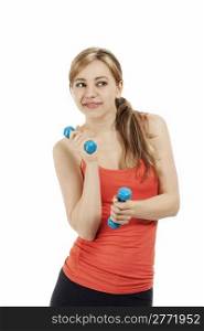 fitness woman with dumbbells. cute fitness woman playing with dumbbells on white background